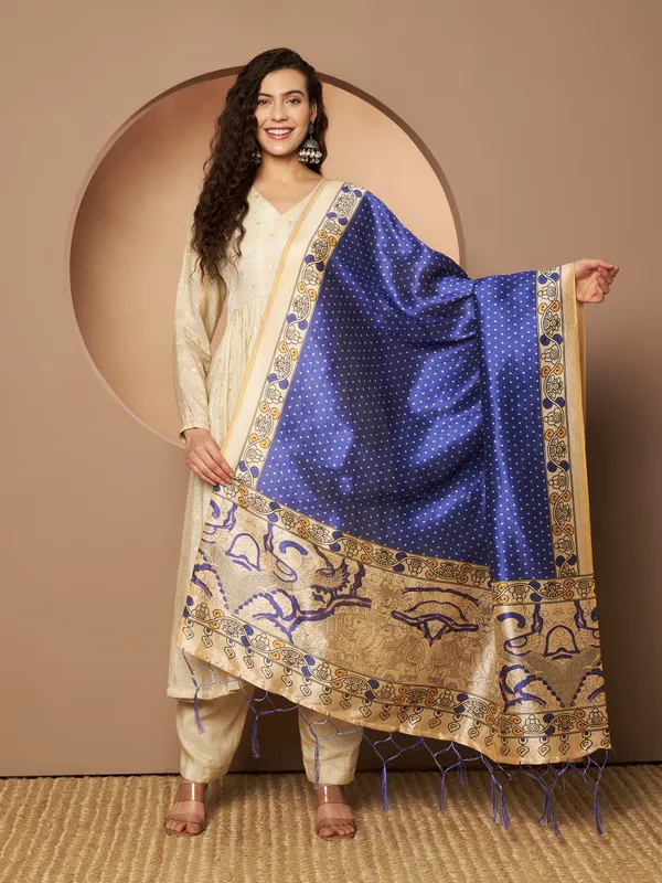 Royal_Blue_And_Cream_Poly_Silk_Fancy_Dupatta_For_Women