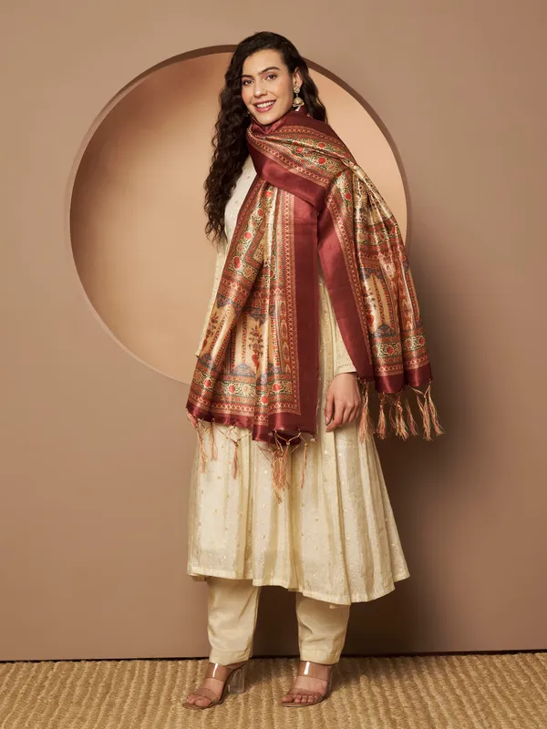 Beige_And_Maroon_Silk_Fancy_Dupatta_For_Women