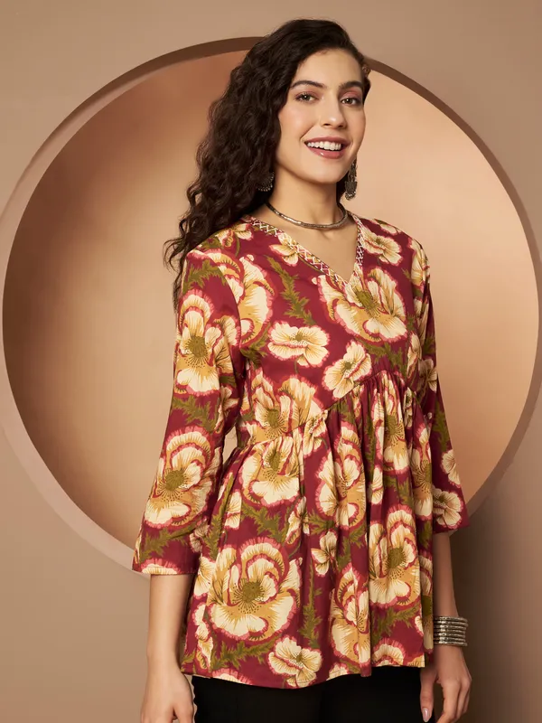 Maroon_Cotton_Fancy_Tunic_Kurti_For_Women