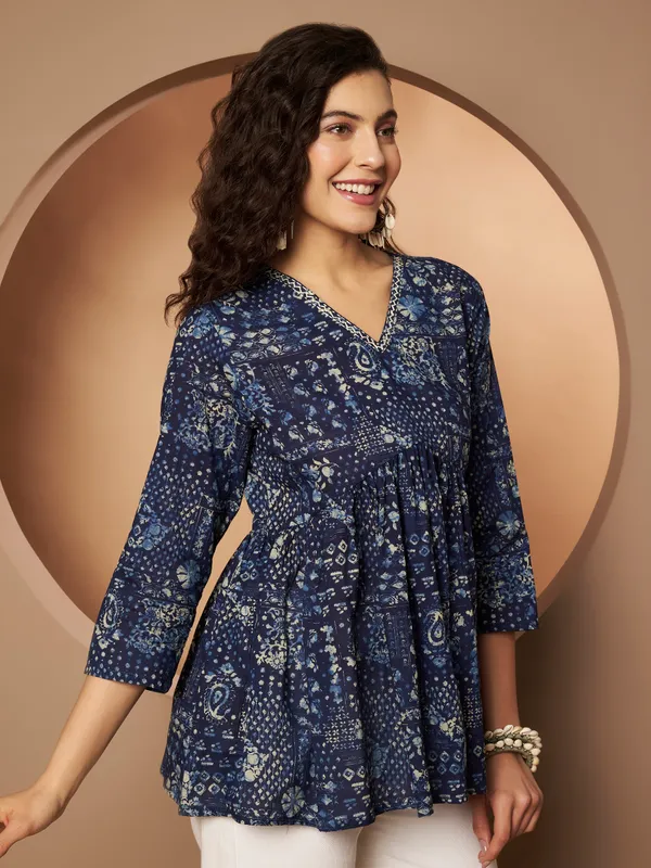 Navy_Blue_Cotton_Fancy_Tunic_Kurti_For_Women