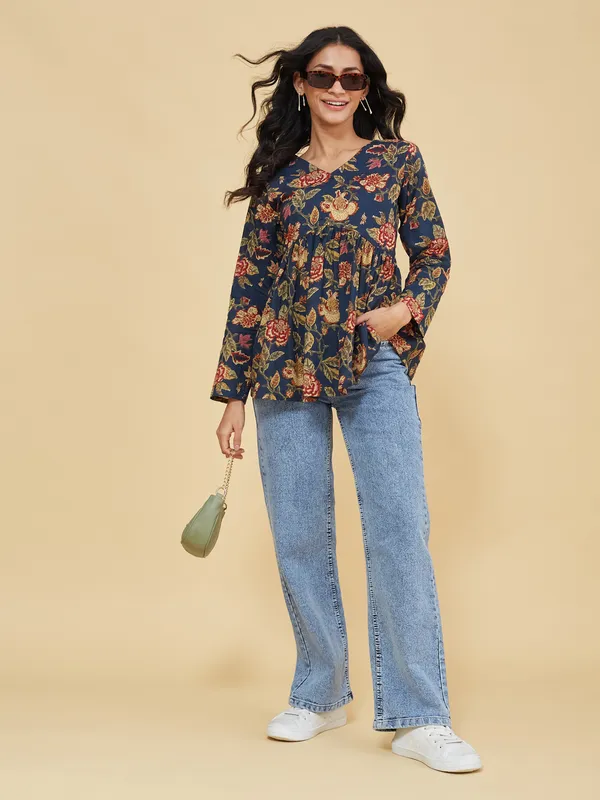 Navy_Blue_Cotton_Fancy_Tunic_Kurti_For_Women