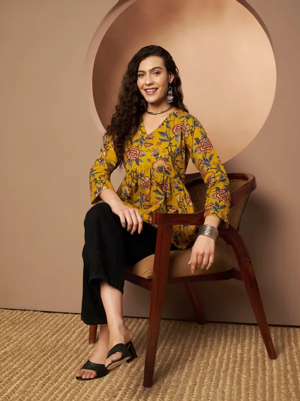 Mustard_Yellow_Cotton_Fancy_Tunic_Kurti_For_Women