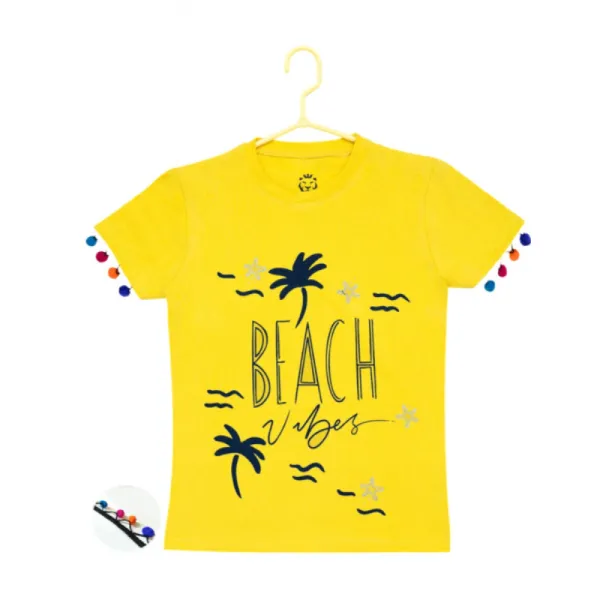 Yellow_Cotton_Casual_Short_Sleeve_Printed_T-Shirt_For_Girls