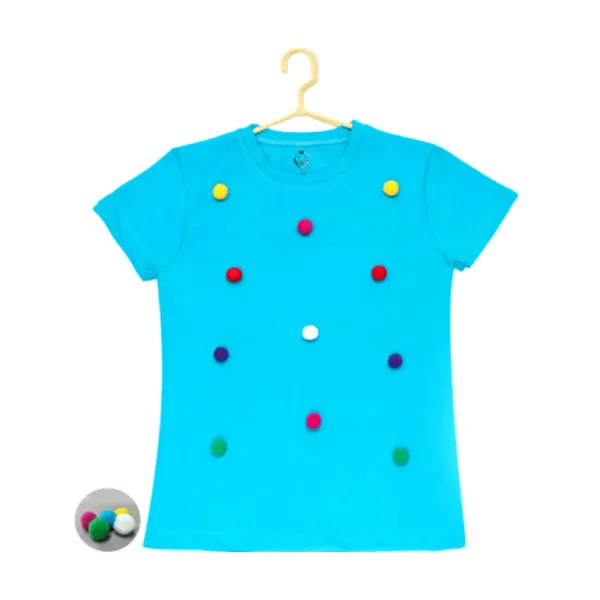 Blue_Cotton_Casual_Short_Sleeve_Pom_Pom_T-Shirt_For_Girls