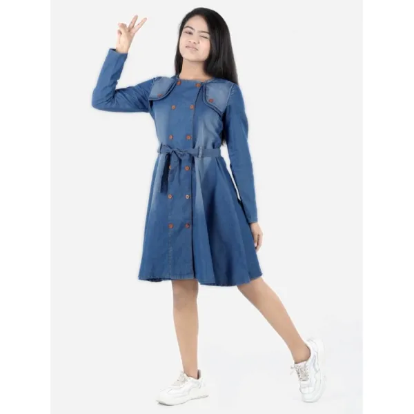 Blue_Denim_Solid_Long_Sleeve_Round_Neck_Dress_For_Girls