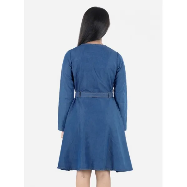 Blue_Denim_Solid_Long_Sleeve_Round_Neck_Dress_For_Girls
