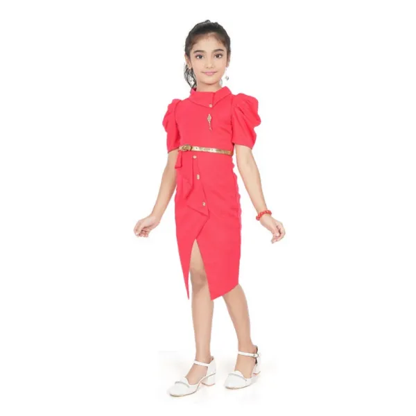 Pink_Cotton_Lycra_Solid_Short_Sleeve_Close_Neck_Dress_For_Girls
