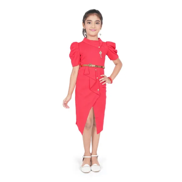Pink_Cotton_Lycra_Solid_Short_Sleeve_Close_Neck_Dress_For_Girls