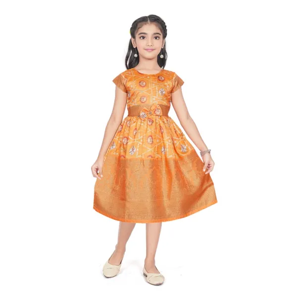 Orange_Brocade_Silk_Printed_Short_Sleeve_Round_Neck_Dress_For_Girls