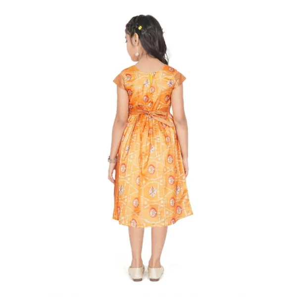 Orange_Brocade_Silk_Printed_Short_Sleeve_Round_Neck_Dress_For_Girls