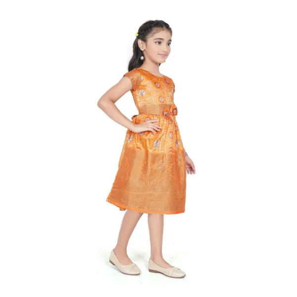 Orange_Brocade_Silk_Printed_Short_Sleeve_Round_Neck_Dress_For_Girls