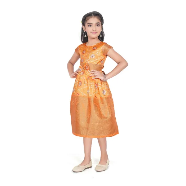 Orange_Brocade_Silk_Printed_Short_Sleeve_Round_Neck_Dress_For_Girls