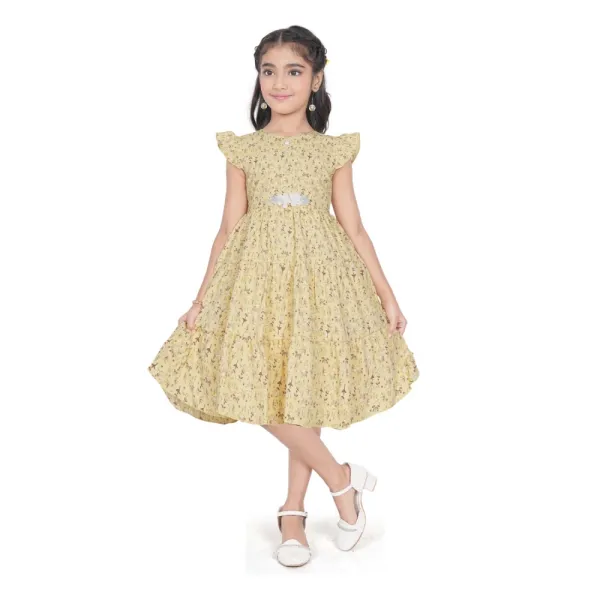 Yellow_Twill_Printed_Short_Sleeve_Round_Neck_Dress_For_Girls