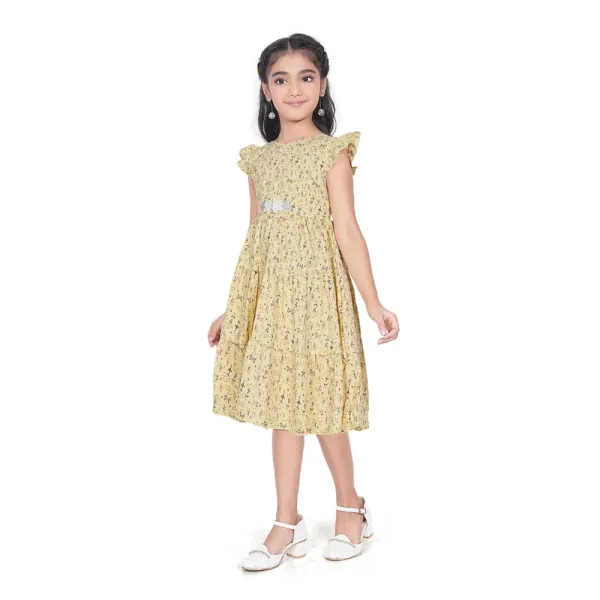 Yellow_Twill_Printed_Short_Sleeve_Round_Neck_Dress_For_Girls
