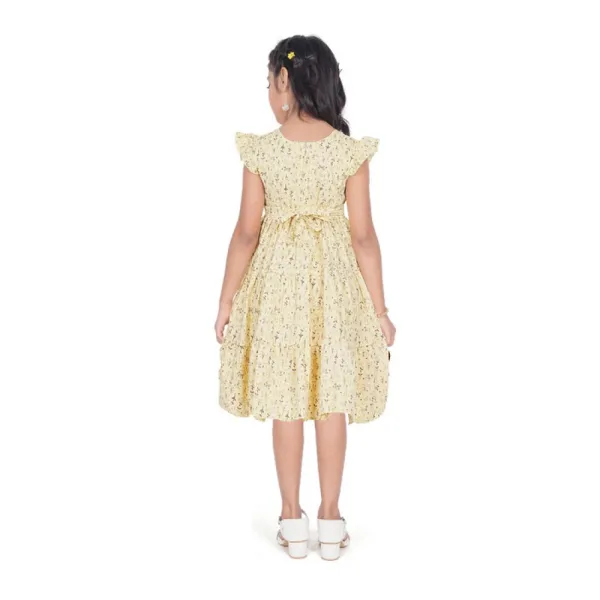 Yellow_Twill_Printed_Short_Sleeve_Round_Neck_Dress_For_Girls