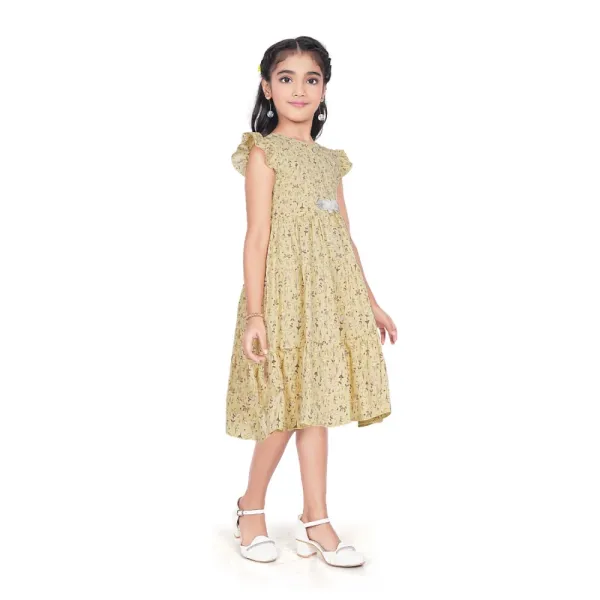 Yellow_Twill_Printed_Short_Sleeve_Round_Neck_Dress_For_Girls