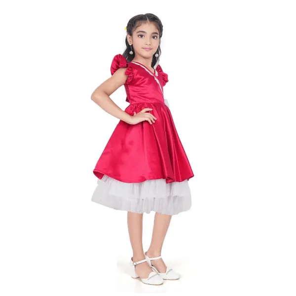 Pink_Satin_Solid_Short_Sleeve_V-Neck_Dress_For_Girls
