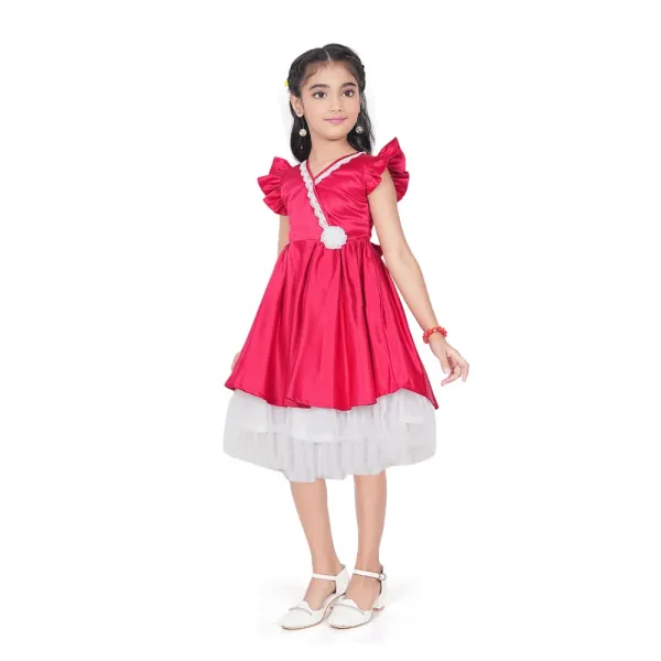 Pink_Satin_Solid_Short_Sleeve_V-Neck_Dress_For_Girls