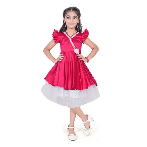 Pink_Satin_Solid_Short_Sleeve_V-Neck_Dress_For_Girls