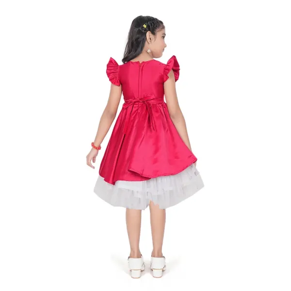 Pink_Satin_Solid_Short_Sleeve_V-Neck_Dress_For_Girls