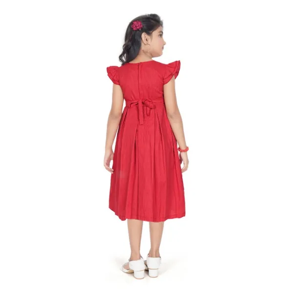 Red_Rayon_Solid_Short_Sleeve_Round_Neck_Dress_For_Girls