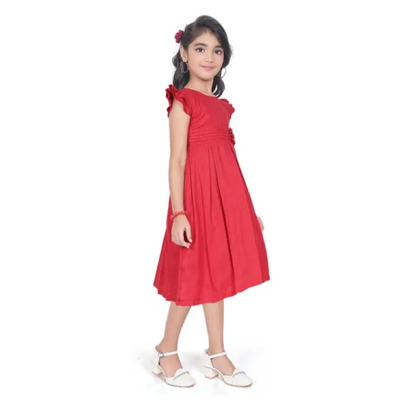 Red_Rayon_Solid_Short_Sleeve_Round_Neck_Dress_For_Girls