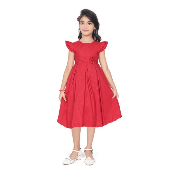 Red_Rayon_Solid_Short_Sleeve_Round_Neck_Dress_For_Girls