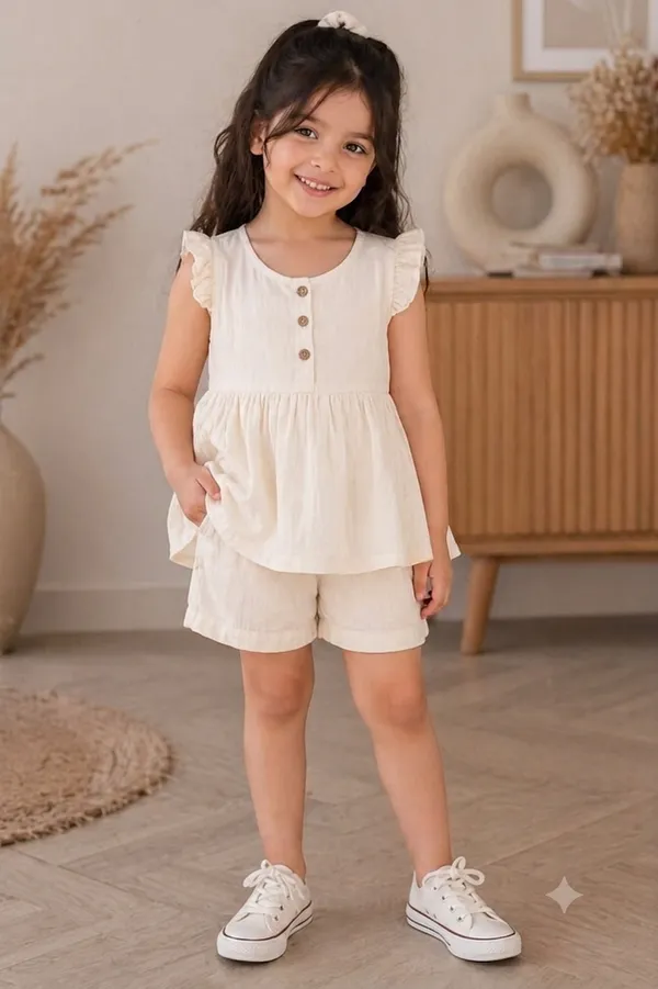 White_Pure_Cotton_Top_And_Shorts_Co_Ord_Set_For_Girls