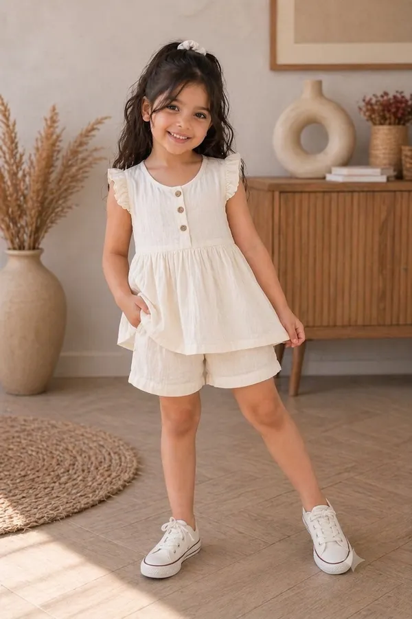 White_Pure_Cotton_Top_And_Shorts_Co_Ord_Set_For_Girls