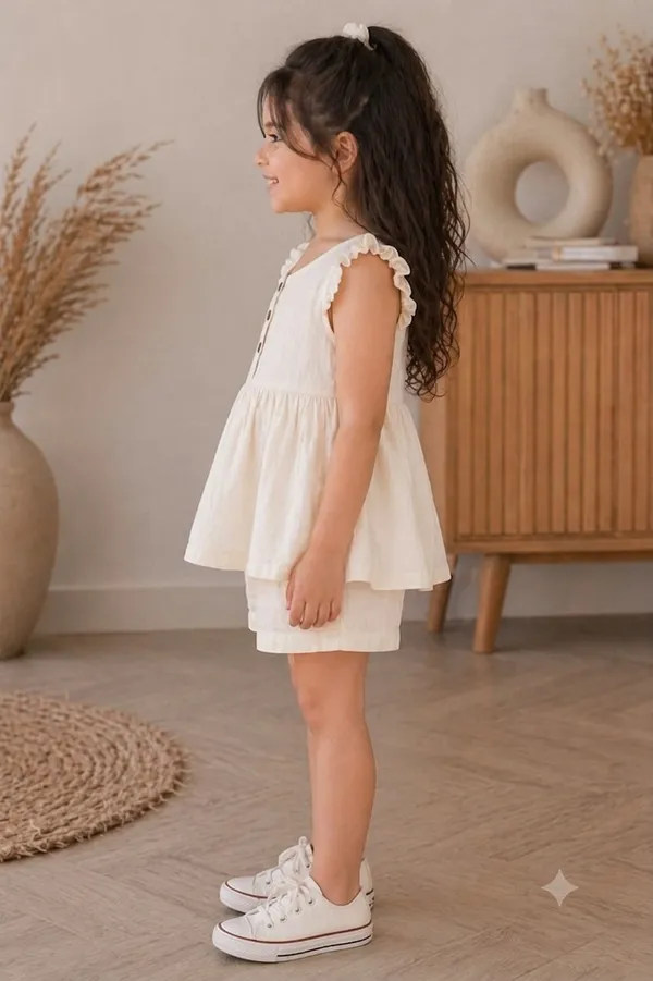 White_Pure_Cotton_Top_And_Shorts_Co_Ord_Set_For_Girls