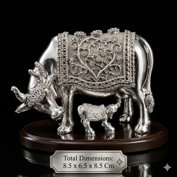 Kamdhenu_Divine_Cow_&_Calf_–_Silver_Finish