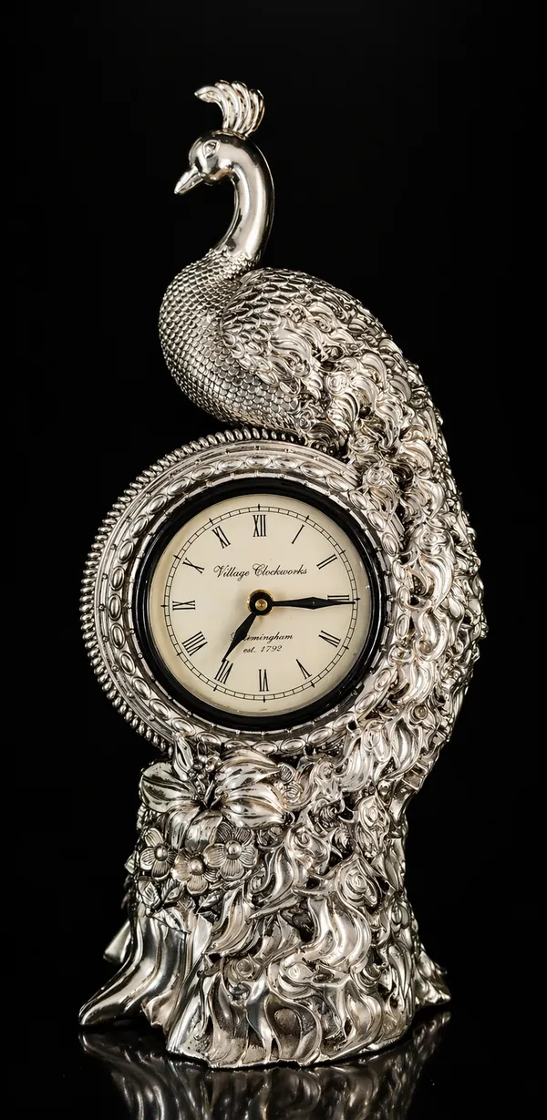 Royal_Peacock_Table_Clock_–_Silver_Finish
