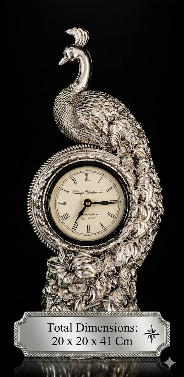Royal_Peacock_Table_Clock_–_Silver_Finish