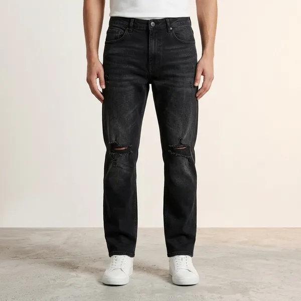 Black_Denim_Straight_Fit_Ripped_Knee_Jeans_For_Men