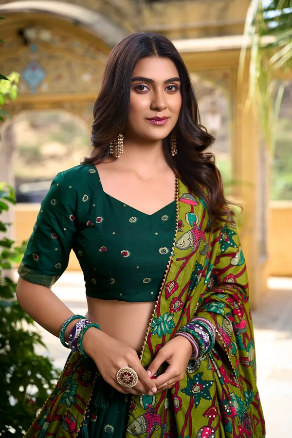 Dark_Green_Tusser_Silk_Lehenga_Choli_For_Women