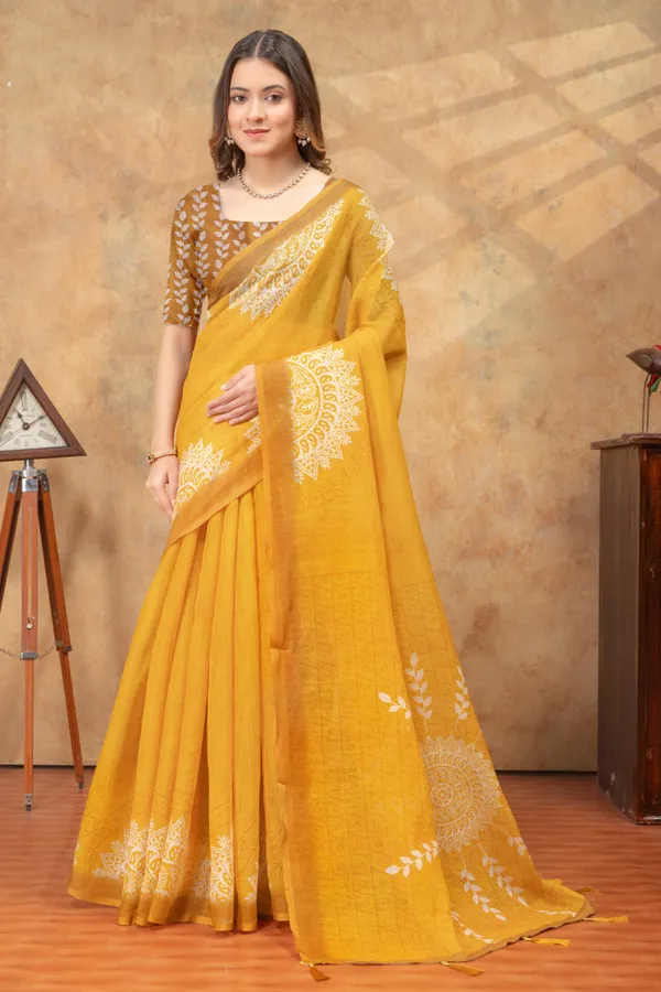 Yellow_Linen_Cotton_Saree_For_Women
