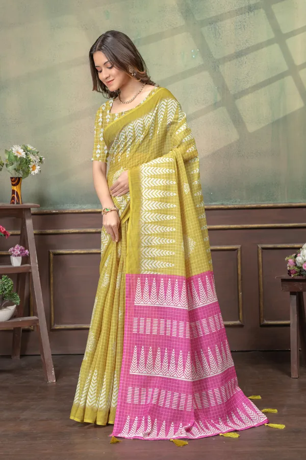 Yellow_Linen_Cotton_Saree_For_Women