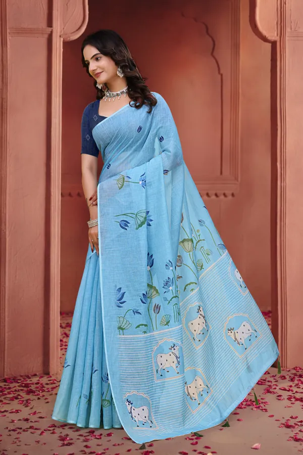 Aqua_Linen_Cotton_Saree_For_Women