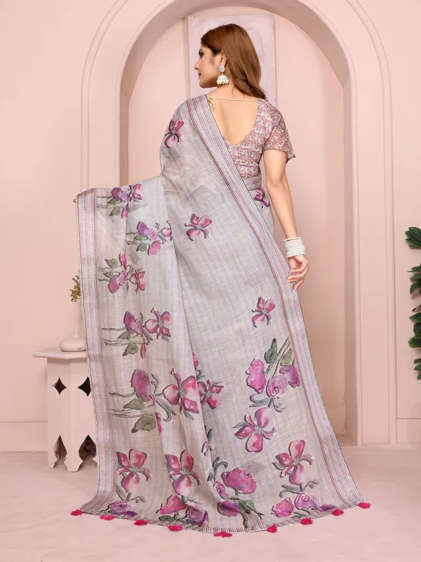 Light_Grey_Lilen_Cotton_Saree_For_Women