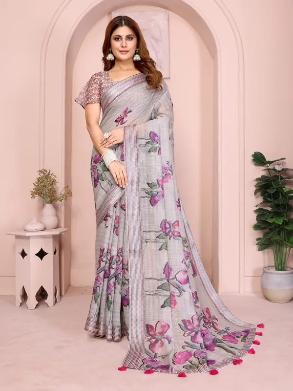Light_Grey_Lilen_Cotton_Saree_For_Women