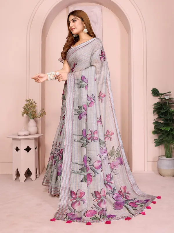 Light_Grey_Lilen_Cotton_Saree_For_Women