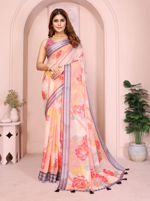 Orange_Lilen_Cotton_Saree_For_Women