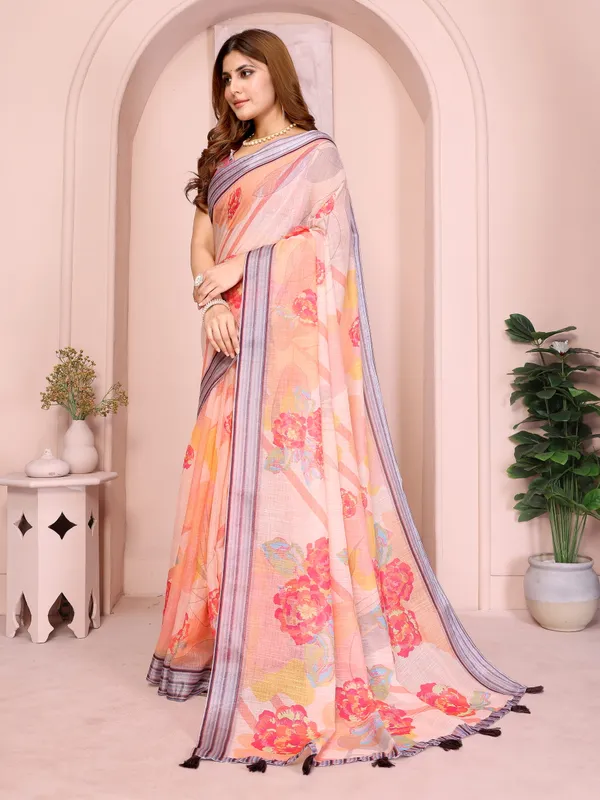 Orange_Lilen_Cotton_Saree_For_Women