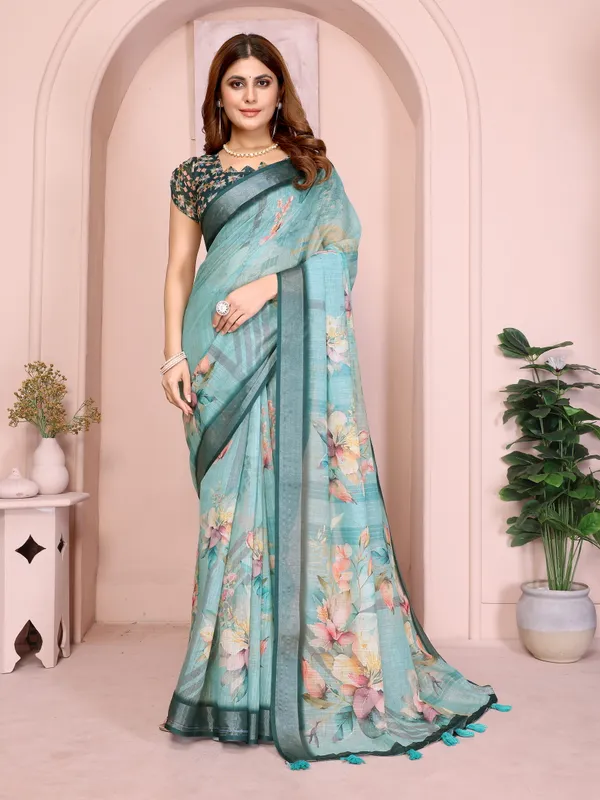Teal_Lilen_Cotton_Saree_For_Women
