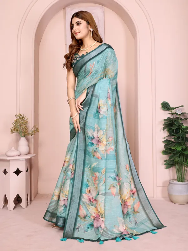 Teal_Lilen_Cotton_Saree_For_Women
