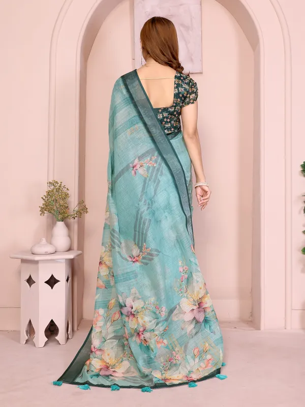 Teal_Lilen_Cotton_Saree_For_Women