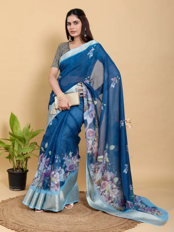 Blue_Linen_Cotton_Saree_For_Women