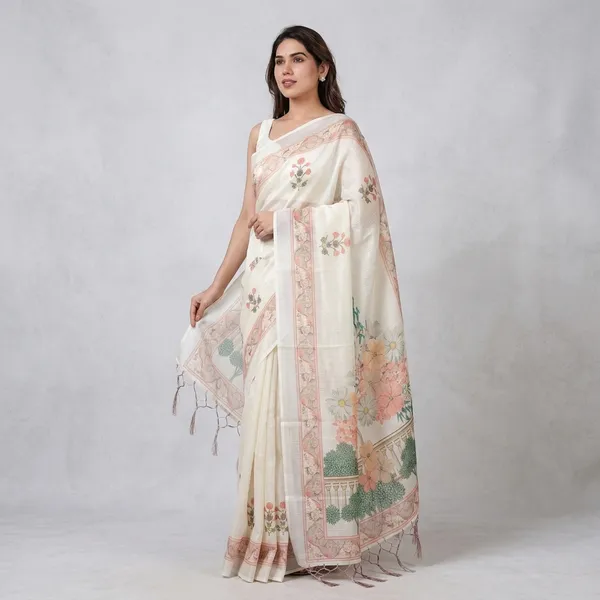 White_Lilen_Cotton_Saree_For_Women