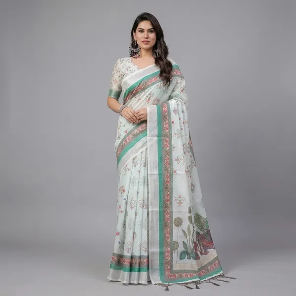 White_Lilen_Cotton_Saree_For_Women
