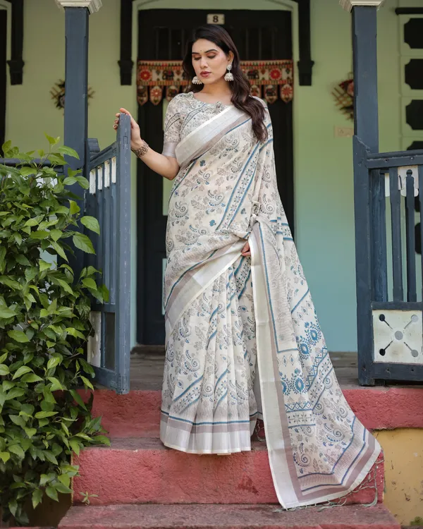 White_Lilen_Cotton_Saree_For_Women